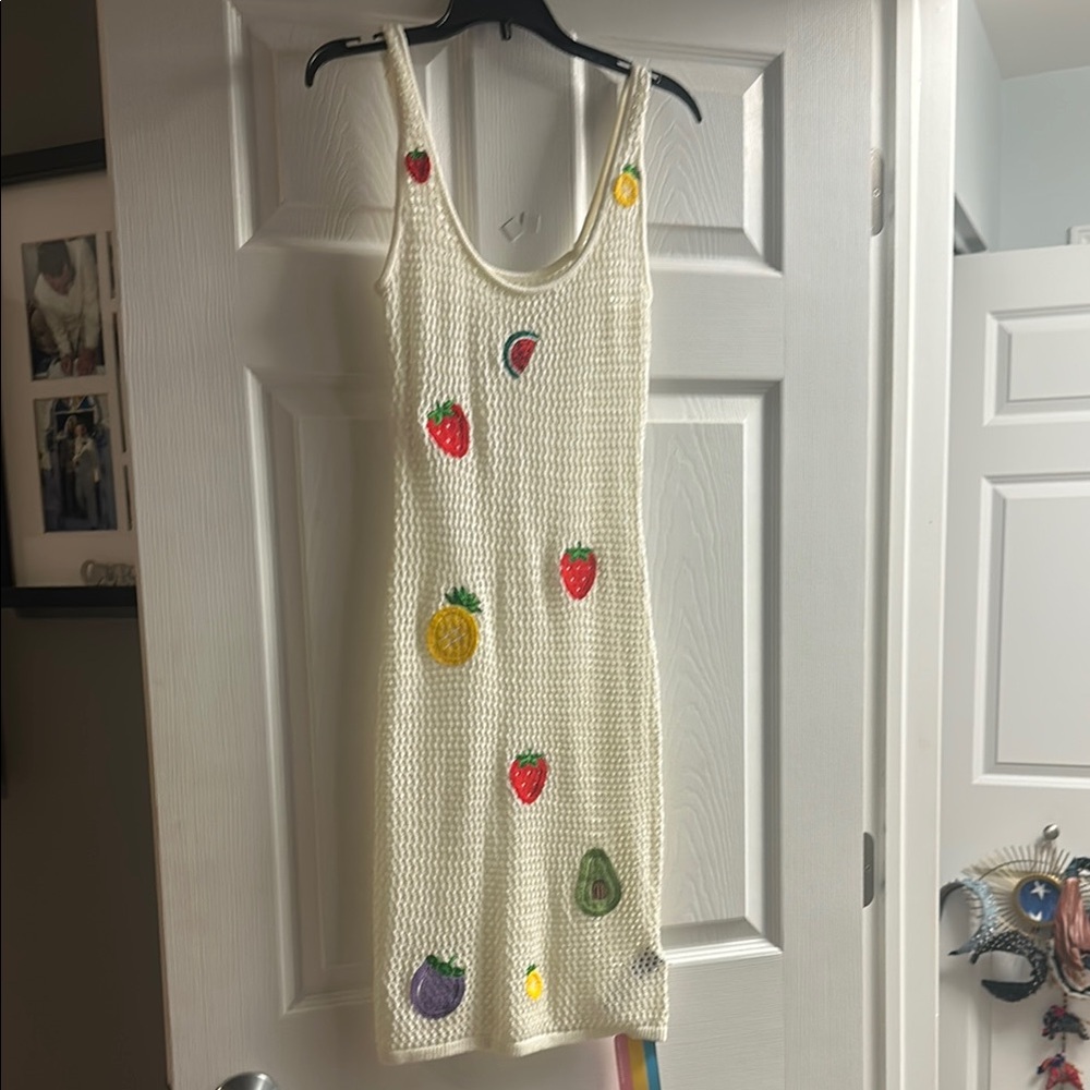 Cream Knit Dress with Fruit Embroidery
